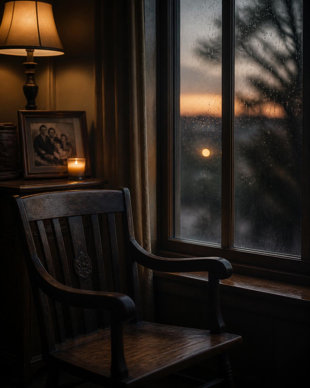 An empty chair beside a rain-streaked window with a family photograph and lit candle