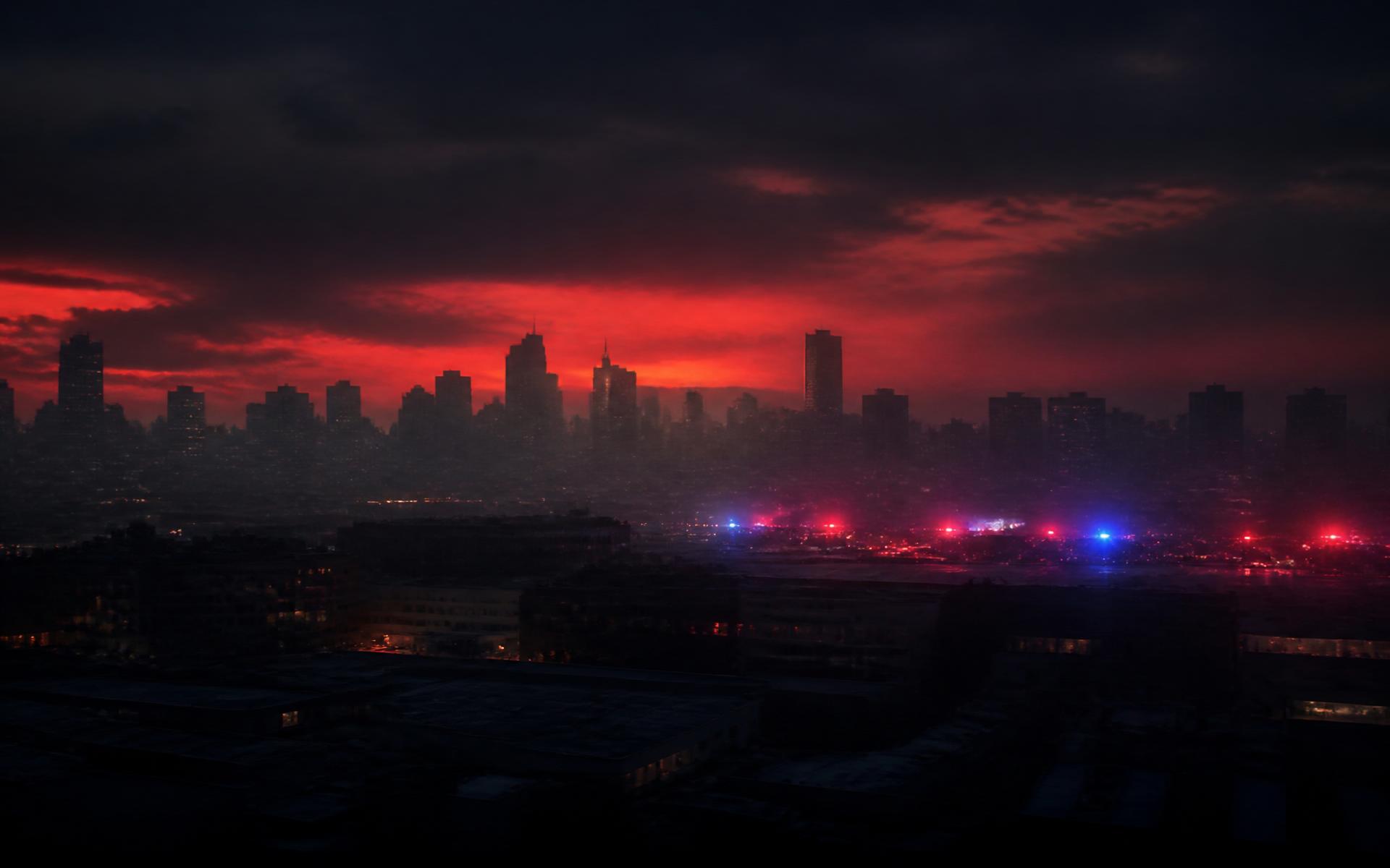 A dramatic urban skyline at dusk with distant emergency lights on the horizon