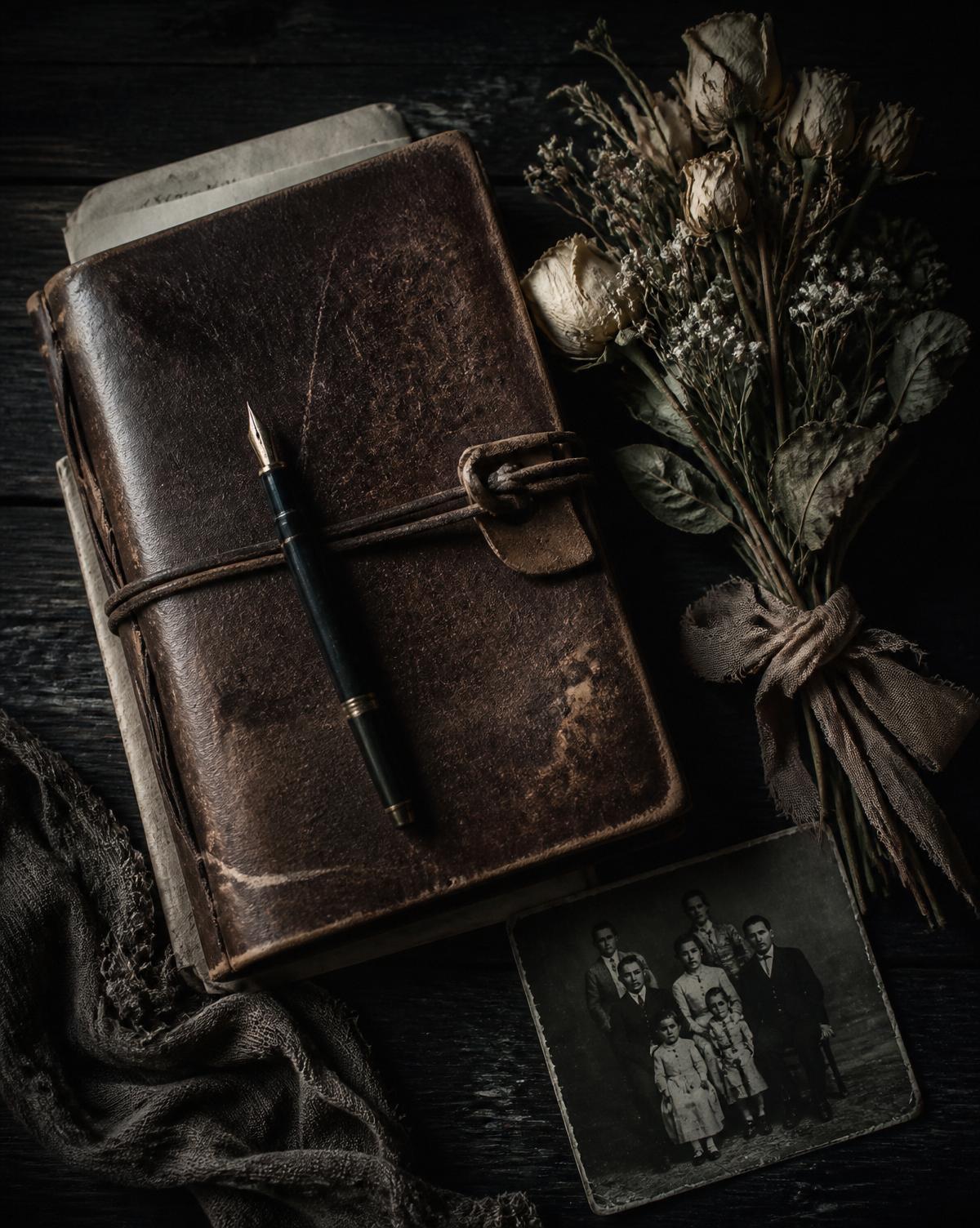 A weathered journal and memorial flowers