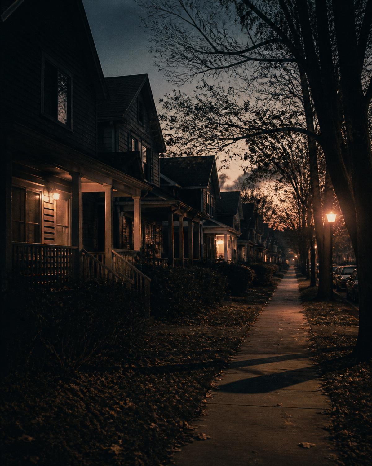 A quiet residential street at dusk